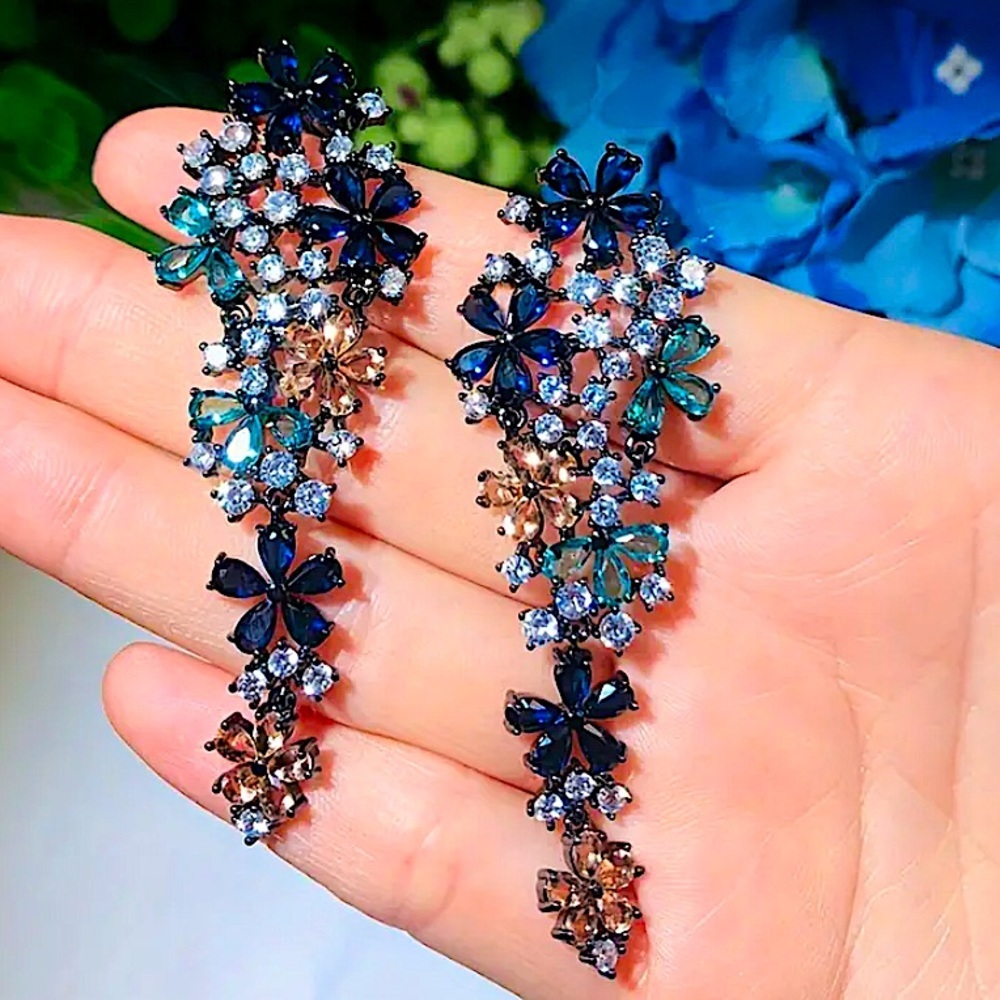 Cubic Zirconia Blue Multi Floral Drop Earrings Statement Tarnish Free Accessory